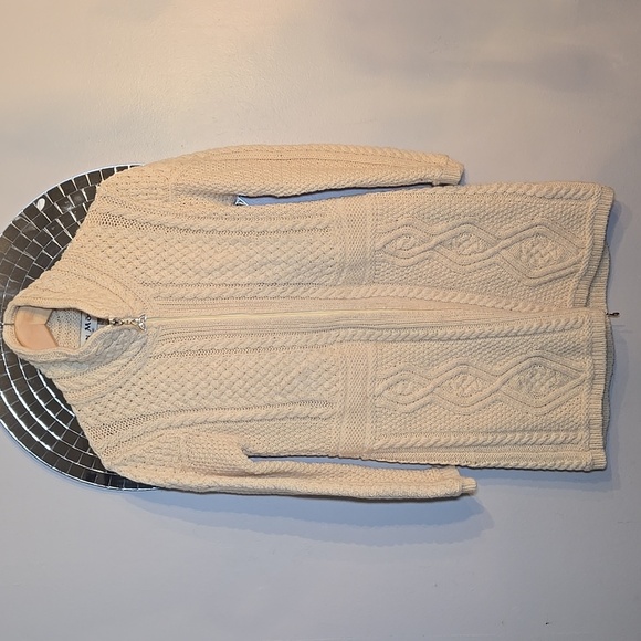 Aran Merino Wool Chunky Fisherman Knit Double Collar Cardigan Coat Sweater NWOT - Picture 3 of 14